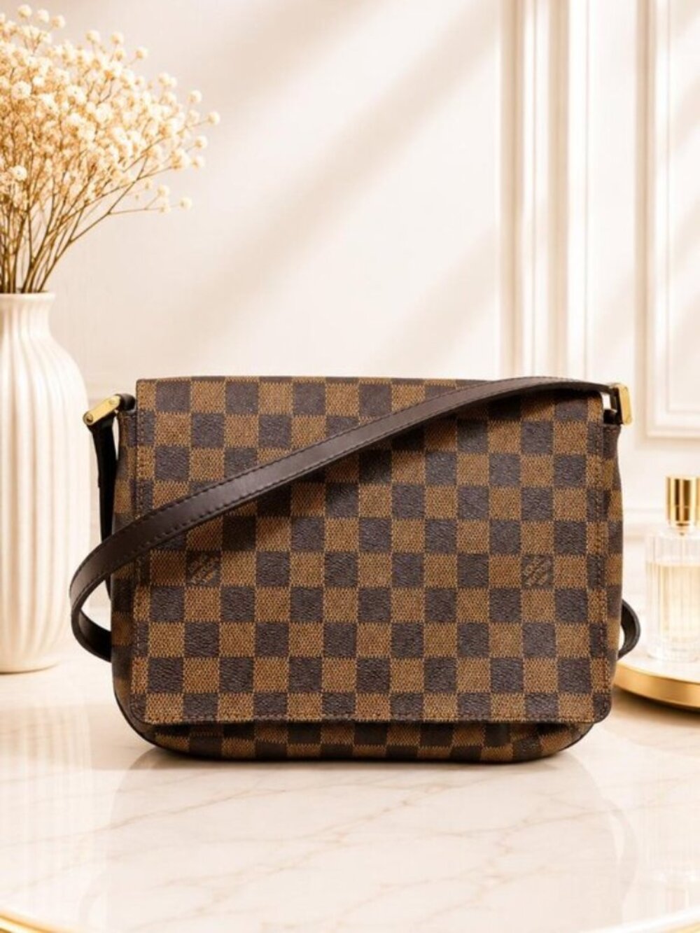 Authentic Louis Vuitton Musette Tango Damier Ebene Shoulder Bag